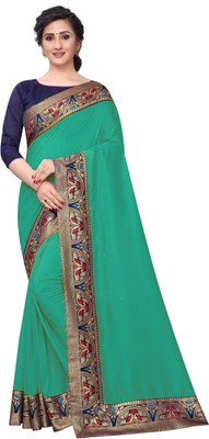 Be4Me.com Self Design, Temple Border, Woven, Solid/Plain Bollywood Cotton Silk Saree(Green)