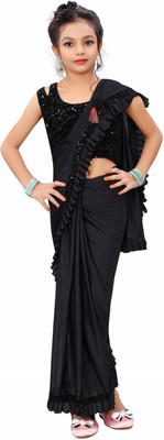 SNH EXPORT Self Design, Embellished, Solid/Plain Bollywood Lycra Blend Saree(Black)