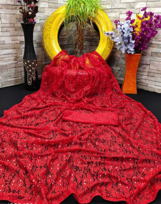 Aarya creation Self Design Bollywood Net, Brasso Saree(Red)