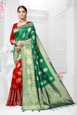 Dhruti Creation Floral Print Banarasi Silk Blend Saree(Green)
