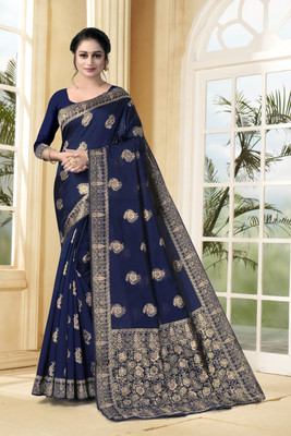 Dhruti Creation Self Design Kanjivaram Silk Blend Saree(Dark Blue)