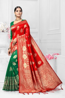 Rinku Textiles Floral Print Banarasi Silk Blend Saree(Red)