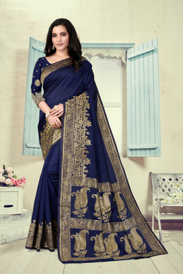 Dhruti Creation Woven Banarasi Silk Blend Saree(Dark Blue)