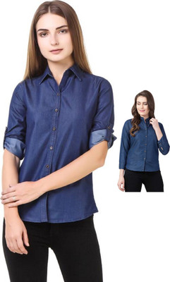 Wingzss Women Solid Casual Blue Shirt(Pack of 2)