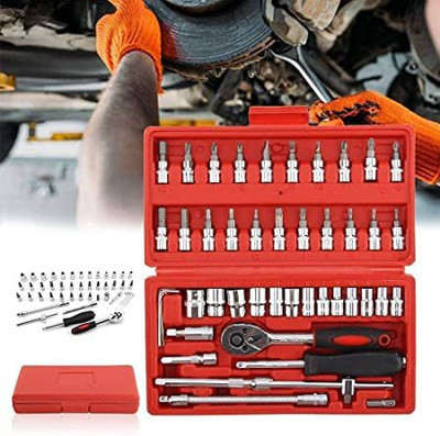 Nka Quality 46pcs 1/4-Inch Socket Set Tool Ratchet Torque Wrench Combo Tools Kit Car Socket Set(Pack of 46)