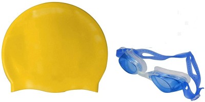 HHS SPORTS Unisex Silicone anti fog swimming goggle with cap yellow Swimming Cap(Pack of 2)