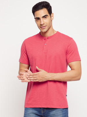 Harbor N Bay Solid Men Henley Neck Pink T-Shirt
