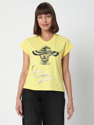 VERO MODA Printed Women V Neck Yellow T-Shirt