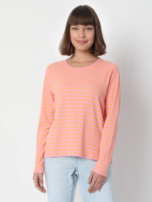 VERO MODA Striped Women Round Neck Pink, Orange T-Shirt