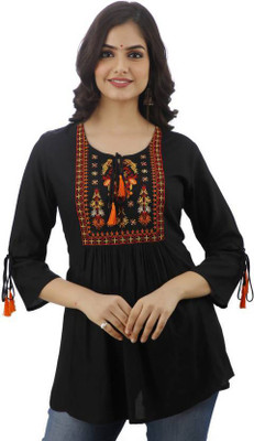 deepcreek Casual Embroidered Women Black Top