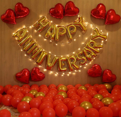 DECOR MY PARTY Solid Happy Anniversary Golden Letter Foil Balloons Set with Heart Shape Foil , Battery Operated Fairy Light for Wedding Anniversary Celebration , Room Decorating Items Marriage Theme Decorative Foil Letter Balloon(Gold, Red, Pack of 78)