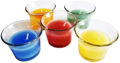 TheBuy Collection White Glass Tea Light Candle Holder with Multicolour Wax - Set of 5 Glass Candle Holder Set(Multicolor, Pack of 5)