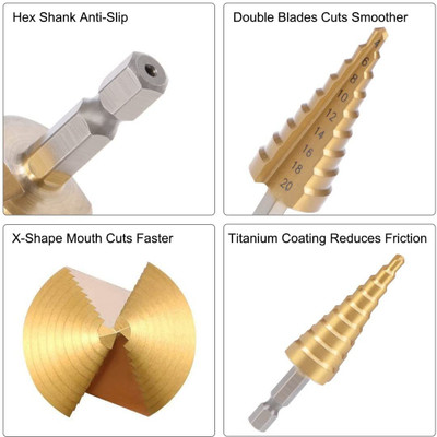 metrotools Step Drill Bit HSS 4-20mm 9 Sizes Titanium Coated Straight Flutes Hex Shank