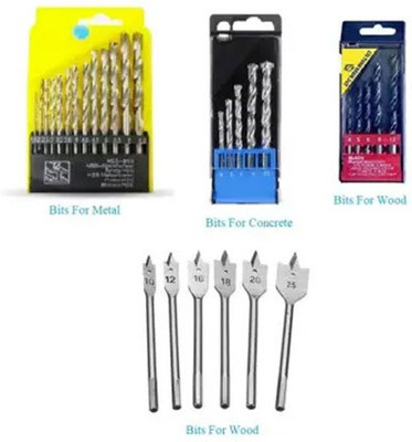 Kshivi Drill Bit Set Combo Of 13 Pcs Hss Twisted 6 Pcs Flat 5 Pcs Wood Working And 5 Pcs Masonry Drill Bits Set (Pack Of 4)
