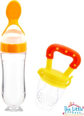 The Little Lookers Infant Squeezy Food Grade Silicone Bottle Feeder & Silicone Food Fruit Pacifier/Nibbler/Soother for Babies/Kids/Children (Squeezy Feeder 'Yellow' + Pacifier 'Yellow') (Pack of 2)  - Silicone(Yellow)