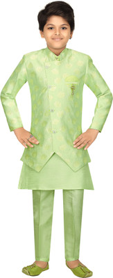 AHHAAAA Boys Festive & Party Kurta, Waistcoat and Pyjama Set(Light Green Pack of 1)