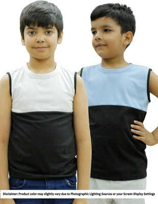 CHOMBOOKA Boys & Girls Colorblock Cotton Blend Regular T Shirt(Light Blue, Pack of 2)