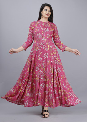 RUNICHA Women Printed Anarkali Kurta(Pink)