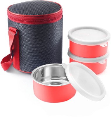 PEACHBERRY Round Red Microwave Safe Stainless Steel Leak Proof Lunch Box Containers 3 Containers Lunch Box(350 ml, Thermoware)