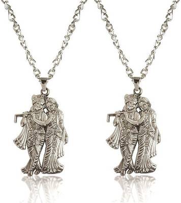De-Ultimate (Set Of 2) God Shri Radha Krishna/Thakur Ji/Govinda Basuri/Murli Locket Pendant Silver Stainless Steel Pendant Set