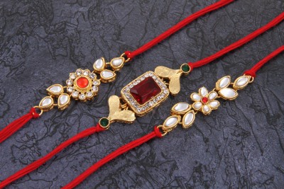 bandhan Designer Glorious Gold Plated Kundan Rakhi Combo Set of 3 Rakhi's Gold Finish, Kundan, Mauli Thread, Pearl Rakhi, Chawal Roli Pack  Set(3 Designer Braclet Rakhi Combo, 1 Roli Chawal Tilak)