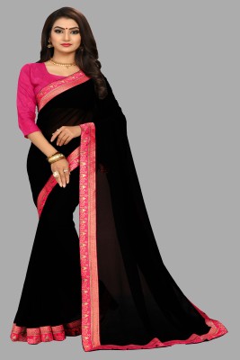 sadika Solid/Plain, Embellished Bollywood Georgette, Chiffon Saree(Black, Pink)