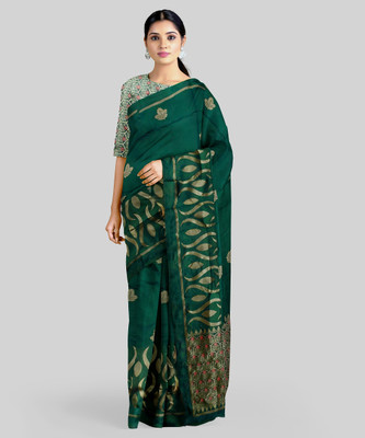 OFLINE SELECTION Printed Banarasi Cotton Blend Saree(Green)