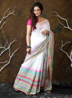 TRFASHIONHUB Striped Bollywood Cotton Blend Saree(White)