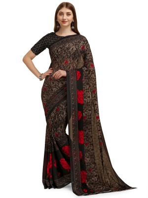 Leelavati Floral Print Bollywood Georgette Saree(Black)