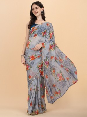 SM TRENDZ Floral Print Bollywood Organza Saree(Grey)