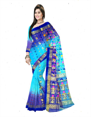 Pradip Fabrics Woven Tant Silk Blend Saree(Light Blue, Blue)