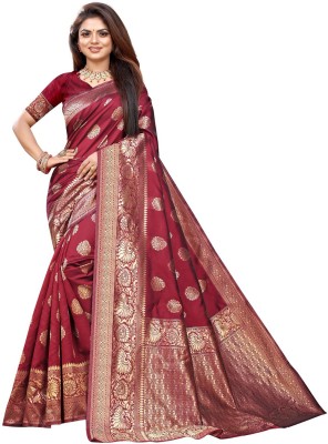 Hinayat Fashion Self Design, Woven, Embellished Banarasi Cotton Silk Saree(Maroon)