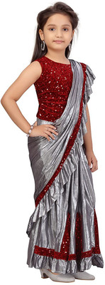 KidsSarees Embellished, Solid/Plain Bollywood Velvet, Silk Blend Saree(Silver, Maroon)