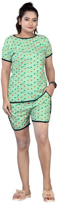 Exitro Women Printed Green Night Suit Set