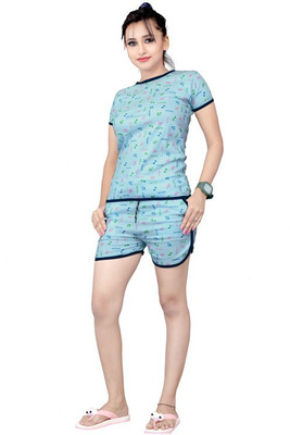 Exitro Women Printed Blue Top & Shorts Set