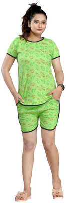 ANFAFAB Women Printed Green Top & Shorts Set