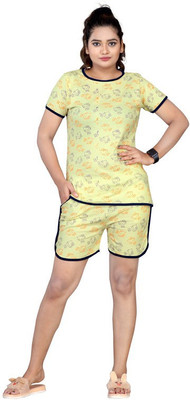 FAYDAMALL Women Printed Yellow Top & Shorts Set