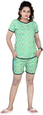 FAYDAMALL Women Printed Green Top & Shorts Set