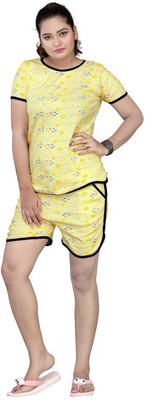 FAYDAMALL Women Printed Yellow Top & Shorts Set