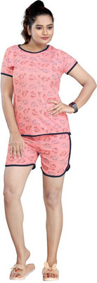 FAYDAMALL Women Printed Pink Top & Shorts Set