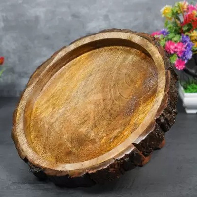 Ruby pearl Handmade & Handcrafted Sheesham Round Wooden Serving Tray 1pcs Tray Serving Set(Pack of 1)