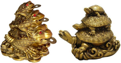 APNA KANHA Triple Luck Money Frog with 3 Tiered Tortoise Special combo Decorative Showpiece  -  11 cm(Polyresin, Gold)