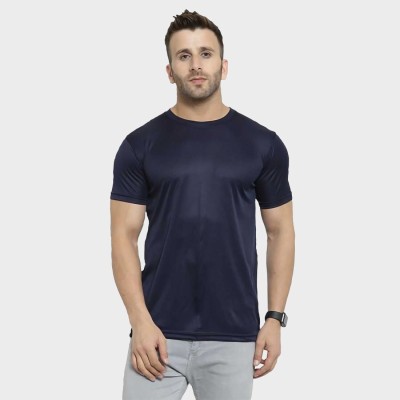 indian krait Solid Men Round Neck Navy Blue T-Shirt