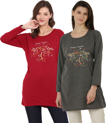 RRAVAYKI Printed Women Round Neck Maroon, Grey T-Shirt