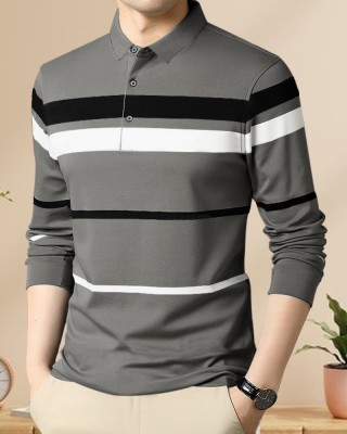 EyeBogler Striped Men Polo Neck Grey T-Shirt