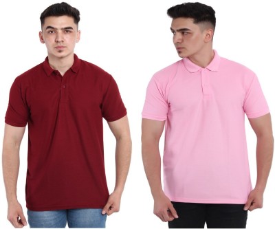 VANCHER Solid Men Polo Neck Maroon, Pink T-Shirt