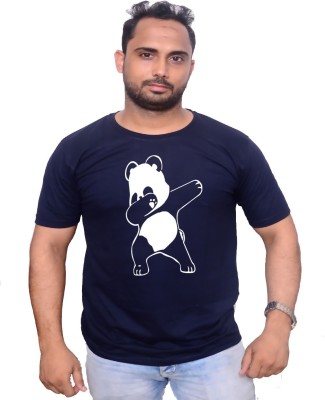 MJ Fashion Dancing Panda Graphic Print Men Round Neck Dark Blue T-Shirt