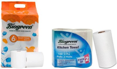 Biogreen Kitchen Tissue/Towel(2 pcs)100 Pulls+Toilet Tissue Roll(6 pcs) 2 Ply- 250 sheets Toilet Paper Roll(2 Ply, 250 Sheets)