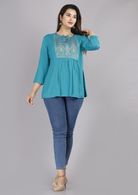 Khushank Casual Embroidered Women Light Blue Top