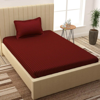 roman 240 TC Cotton Single Striped Fitted (Elastic) Bedsheet(Pack of 1, Red)